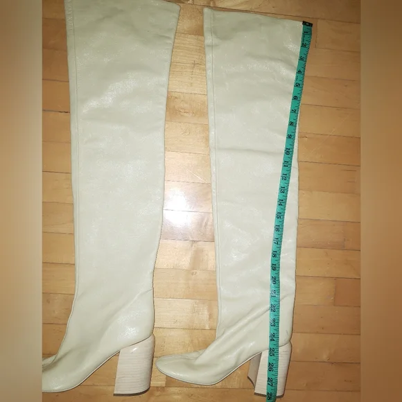 Jil Sander Cream 100% lambskin leather thigh high round toe block heel boots 10 - Picture 13 of 16
